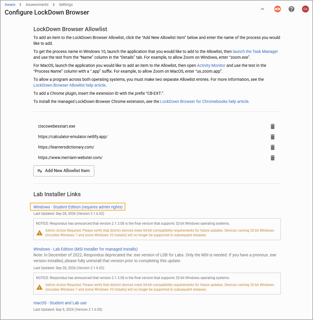 Instructions for configuring LockDown Browser Allowlist and student edition links for Windows.